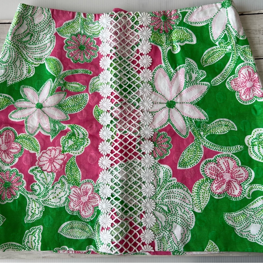 Lilly Pulitzer Hallie Skirt Lattice Jacquard Prep Green & Pink Floral Lace-Trim